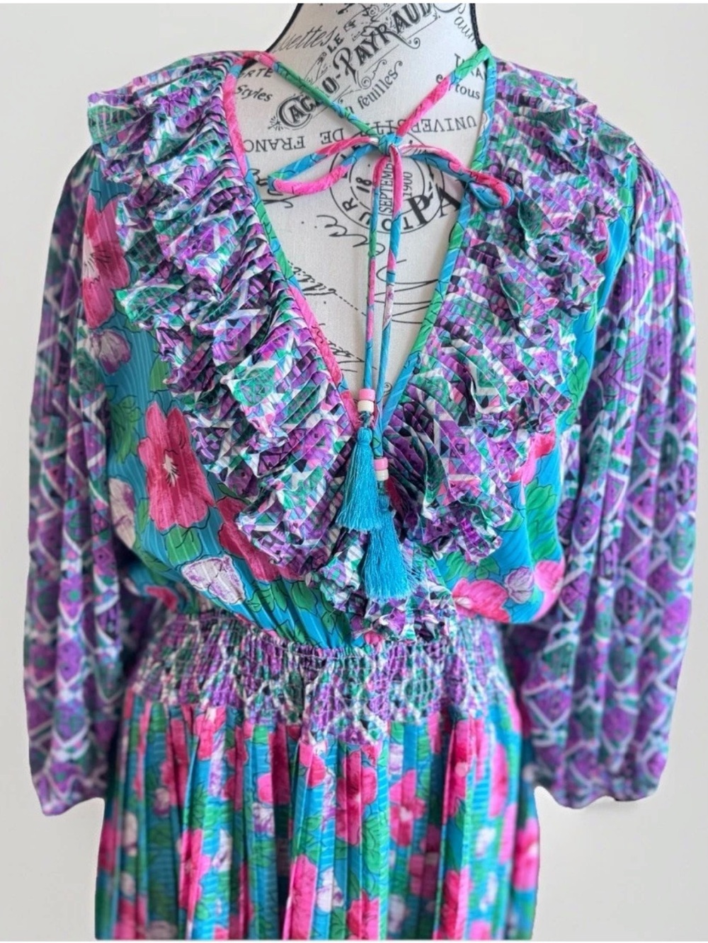 Vintage 80s Diane Freis Floral Pleated Maxi Dress Balloon Sleeve Boho Dress - Picture 3 of 13